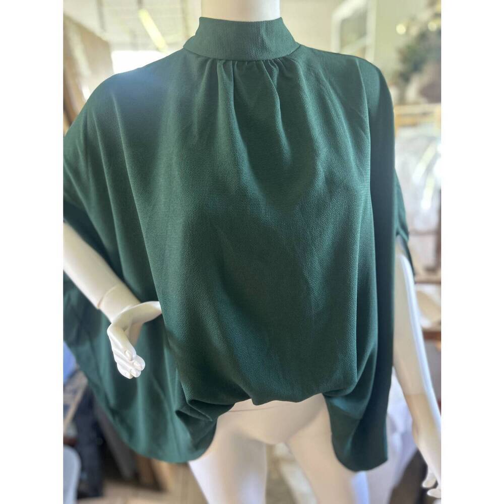 NEW BEFORE YOU women's crepe mock neck back neck tie top in emerald